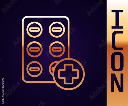 Gold line Pills in blister pack icon isolated on black background. Medical drug package for tablet, vitamin, antibiotic, aspirin. Vector Illustration