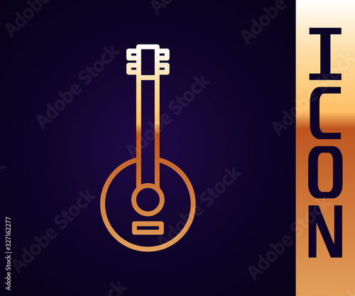 Gold line Banjo icon isolated on black background. Musical instrument. Vector Illustration