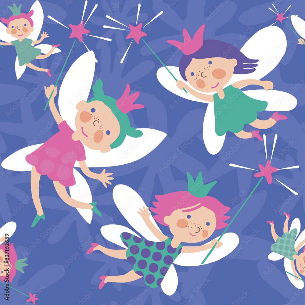 Seamless pattern Flying Fairies Of Many Colors And Poses Vector Illustration Cartoon Character.