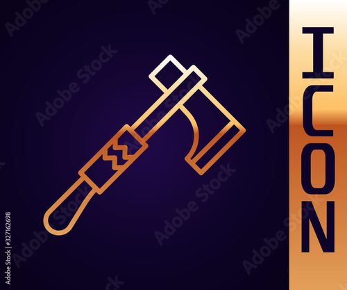 Gold line Native american tomahawk axe icon isolated on black background. Vector Illustration