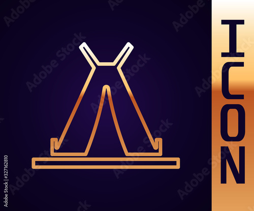 Gold line Traditional indian teepee or wigwam icon isolated on black background. Indian tent. Vector Illustration