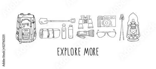 Vector set of hand drawn elements isolated on white. Hiking gear. Backpack, rolled camping bed, reusable bottles, flashlight, shovel, binoculars, camera, sunglasses, storm lamp, trekking sticks.