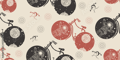 Bicycle wheels in which the universe. Seamless pattern. Packing old paper, scrapbooking style. Vintage background. Medieval manuscript, engraving art. Astronaut in deep space