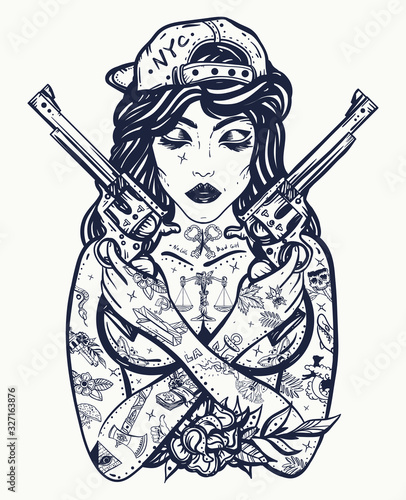 Bad girl. Chicano art. Criminal street culture. Favela style. Swag. Hip-hop and rap lifestyle. Cool gangster tattooed woman in baseball cap