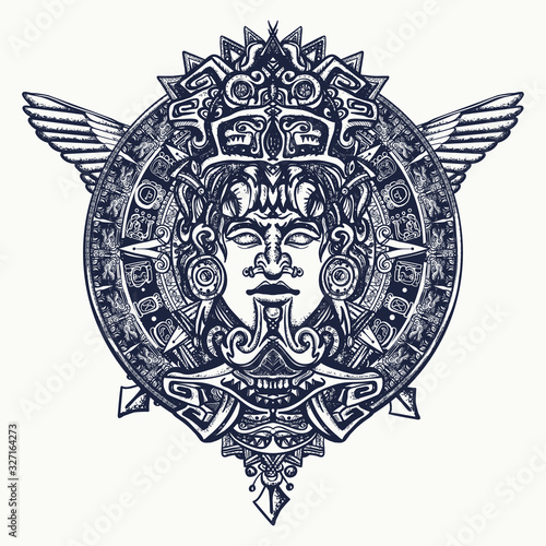 Ancient totem, wings and mayan sun tattoo and t-shirt design. Aztec art. Mexican god. Mesoamerican mythology Stock Vector