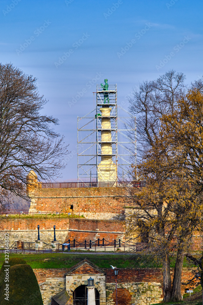 Obraz premium Reconstruction of the Victor monument, a symbol of Belgrade, commemorating Allied victory in the First World War, Plateau on Belgrade fortress (Kalemegdan) in Belgrade, capital of Serbia