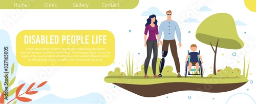 Psychological Help for Disabled People Trendy Flat Vector Web Banner, Landing Page Template. Man with Leg Prosthesis, Boy with Disabilities in Wheelchair, Young Woman Standing Together Illustration
