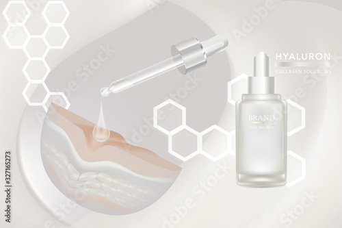 Beauty product ad design, white cosmetic container with collagen solution advertising background ready to use, luxury skin care banner, illustration vector.	
