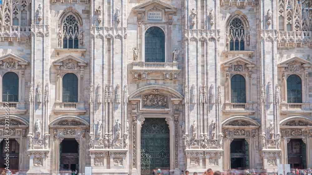 Entrance to Duomo cathedral timelapse. Front view with people walking on square