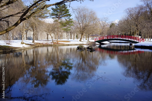 赤いたいこ橋と池のある公園の冬景色