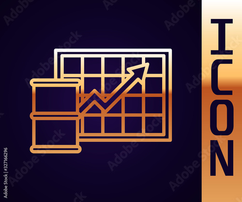 Gold line Oil price increase icon isolated on black background. Oil industry crisis concept. Vector Illustration