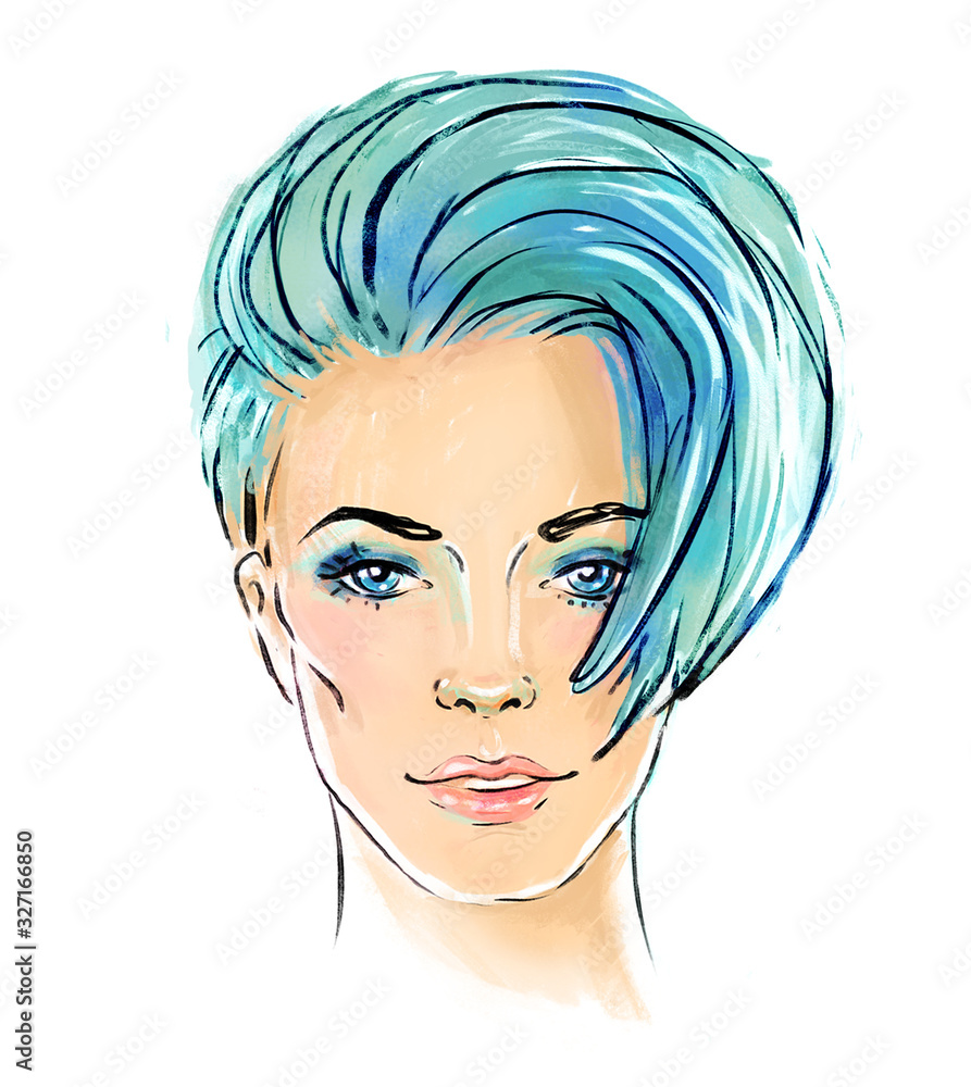 Portrait of a young pretty woman with short pixie haircut. Sketchy style illustration isolated on white. Hand drawn art of a modern girl.