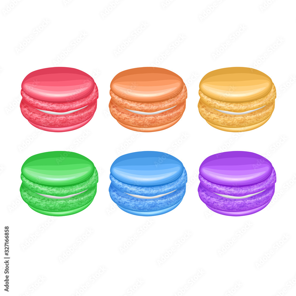 Set of 6 multicolor macaroons, french cookies isolated on white background, vector eps 10 illustration Set of 6 multicolor macaroons, french cookies isolated on white background, vector eps 10 illustration
