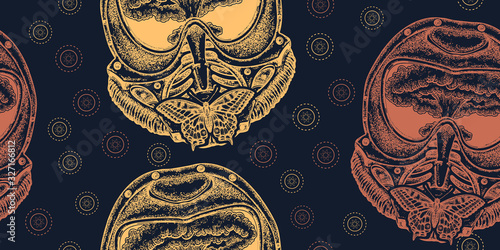 Gas mask and nuclear explosion. Seamless pattern. Packing old paper, scrapbooking style. Vintage background. Medieval manuscript, engraving art. Concept of war and peace, end of the world