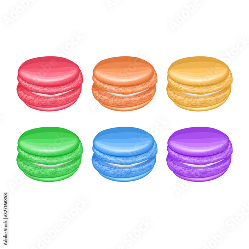 Set of 6 multicolor macaroons, french cookies isolated on white background, vector eps 10 illustration