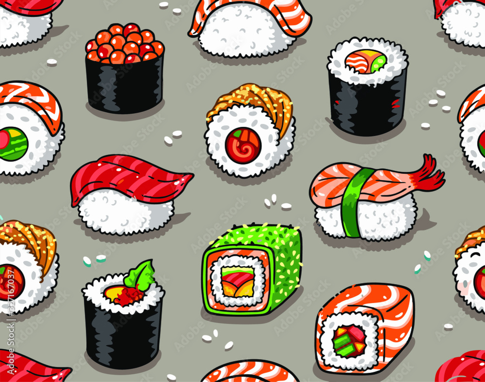 SUSHI AND ROLLS ON BROWN BACKGROUND SUSHI AND ROLLS ON BROWN BACKGROUND