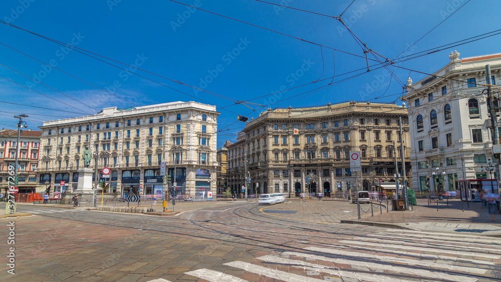 Cordusio Square and Dante street with surrounding palaces, houses and buildings timelapse