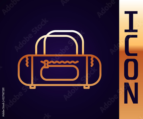 Gold line Sport bag icon isolated on black background. Vector Illustration