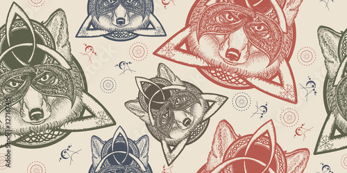 Fox viking. Seamless pattern. Packing old paper, scrapbooking style. Vintage background. Medieval manuscript, engraving art