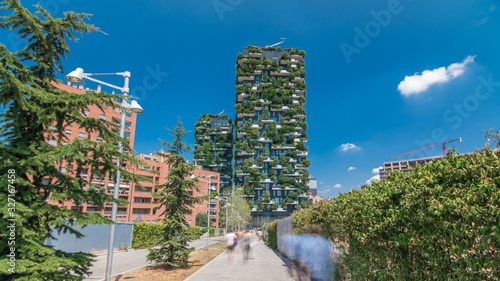 Bosco Verticale or Vertical Forest timelapse . It is a pair of two residential towers in the district of Porta Nuova, Milan photo