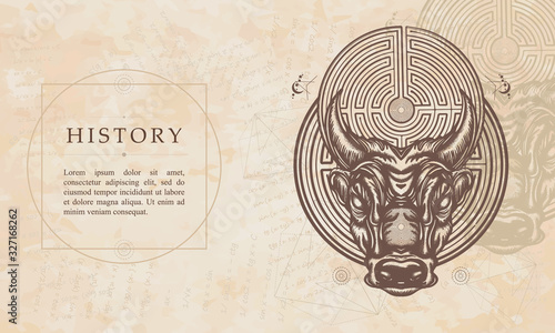 History. Myths of Ancient Greece. Minotaur and labyrinth. Renaissance background. Medieval manuscript, engraving art. Angry bull head