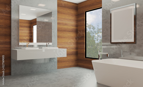 Bathroom with wood paneling on the walls. modern sink. marble floor. 3D rendering.. Blank paintings. Mockup