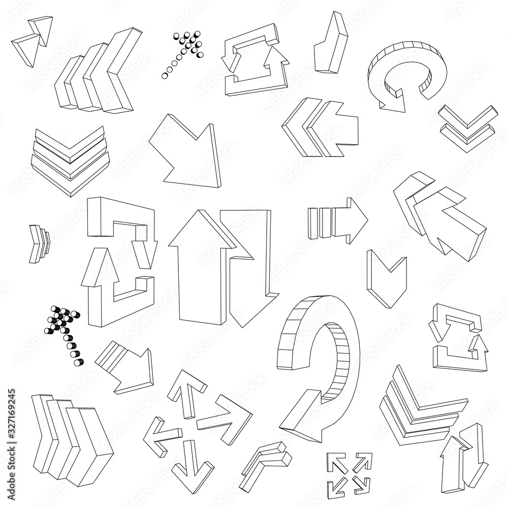 Set of stickers with arrows, vector illustration, isolated objects, 3D arrows, isometric pointers Set of stickers with arrows, vector illustration, isolated objects, 3D arrows, isometric pointers