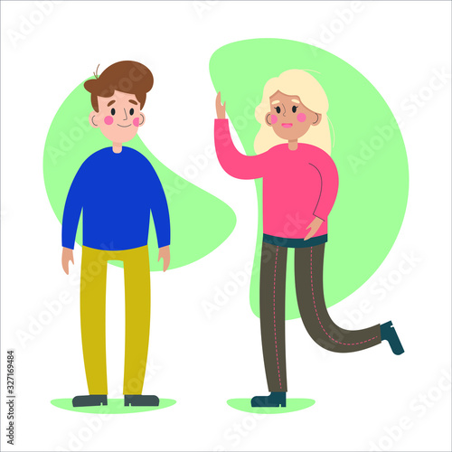 Flat vector illustration with young people on a white background. The guy and the girl are talking. Social communication