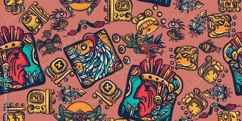Mayan alphabet seamless pattern. Mexican civilization art. Old school tattoo style. Ancient mesoamerican glyphs, hieroglyphics.