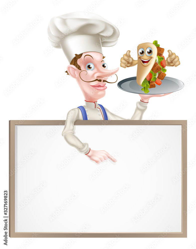 An Illustration of a Cartoon Kebab Chef Menu Board An Illustration of a Cartoon Kebab Chef Menu Board