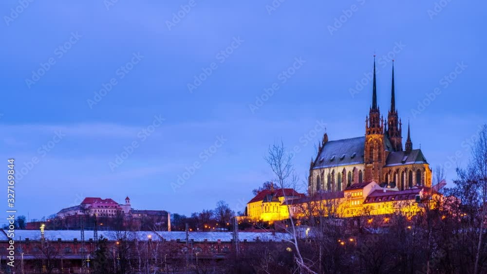 Brno, Czech Republic. Aerial view of skyline of Brno, Czech republic with cathedral. Time-lapse in the morning from dark to light. Brno, Czech Republic. Aerial view of skyline of Brno, Czech republic with cathedral. Time-lapse in the morning from dark to light.