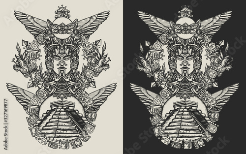 Mayan totem and pyramids. Ancient civilization. Template for clothes, covers, emblems, stickers, poster and t-shirt design. Typography art