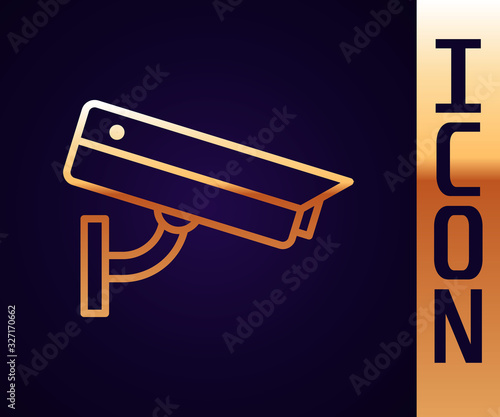 Gold line Security camera icon isolated on black background. Vector Illustration