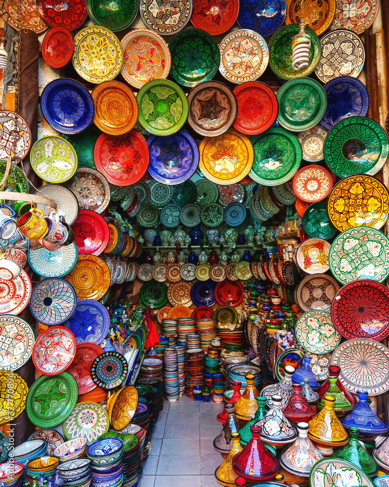 Colorful oriental dishes at a market in Marrakesh.