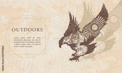 Outdoors. Eagle double exposure. Renaissance background. Medieval manuscript, engraving art. lying hawk, mountains and compass. Symbol of the wild nature
