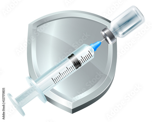 A vaccination immunization or other medicine syringe injection with shield medical concept