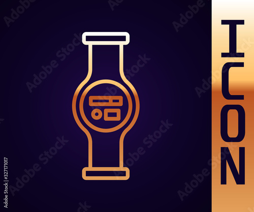 Gold line Water meter with pipeline icon isolated on black background. Vector Illustration