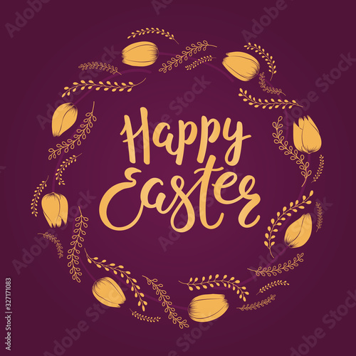 Card, invite, banner design with wreath of tulips, grass, text Happy Easter. Gold on purple background. Vector illustration. Concept for holiday celebration decor element. Flat style.