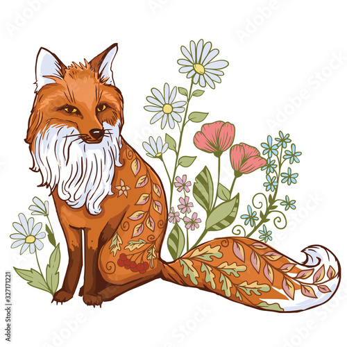 Cute red Fox in a spring flower meadow