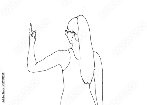 Girl power feminism concept. Young beautiful woman shows middle finger. Hand dranw line vector illustration.