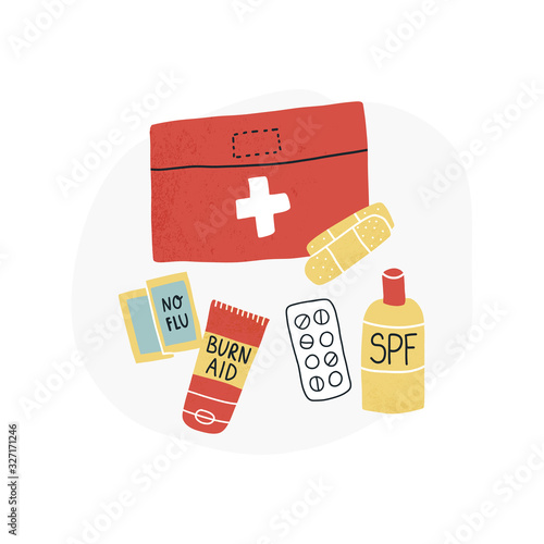 Travel packing first aid set vector set - pills, SPF sunscreen and burn aid lotion, no flu med, and bandage. All objects are movable. Flat vector illustration.