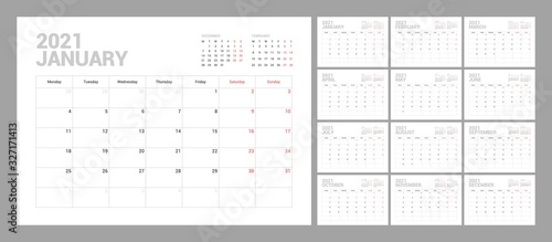 Wall calendar template for 2021 year. Planner diary in a minimalist style. Week Starts on Monday. Set of 12 Months. Ready for print.