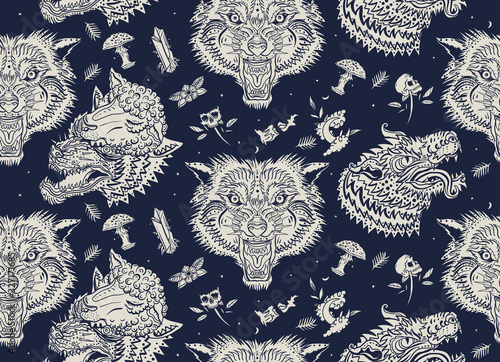 Wolf head vintage seamless pattern. Old school tattoo art. Dark gothic background. Aggressive wolves traditional tattooing background. Magic fairy tale style. Werewolf in sheep clothing