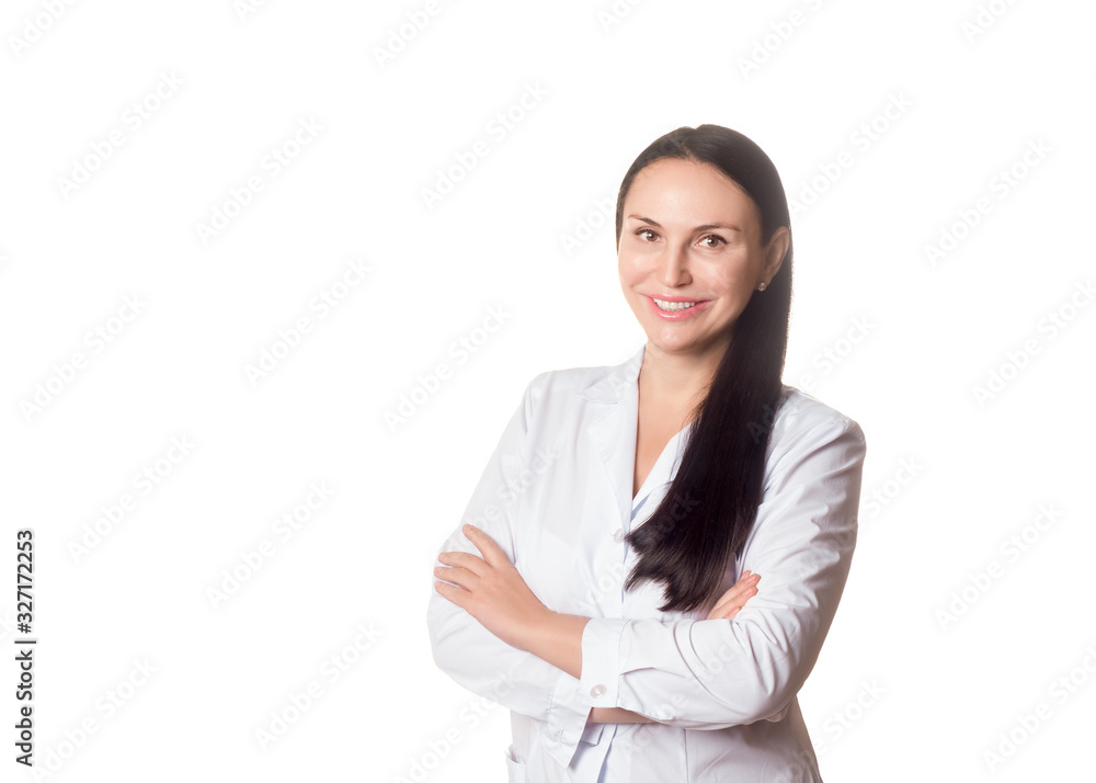 Doctor cosmetician. Caucasian friendly smiling woman in medical gown, half-length portrait, isolated on white. Doctor cosmetician. Caucasian friendly smiling woman in medical gown, half-length portrait, isolated on white.