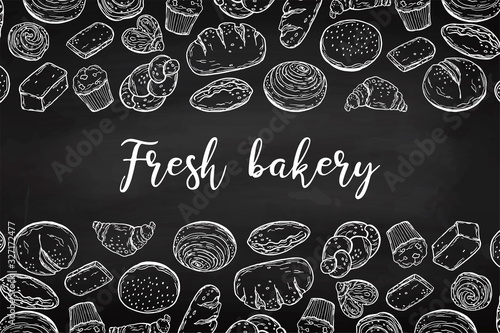 Fresh pastries on a chalk board. Hand drawing. A piece of chalk. For your design.