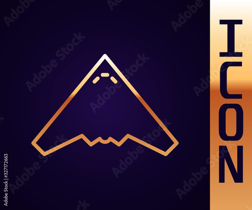 Gold line Jet fighter icon isolated on black background. Military aircraft. Vector Illustration