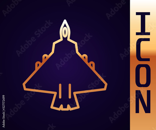 Gold line Jet fighter icon isolated on black background. Military aircraft. Vector Illustration