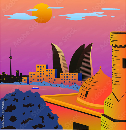 Vector illustration of city. Baku city illustration. Colorful perspective city illustration