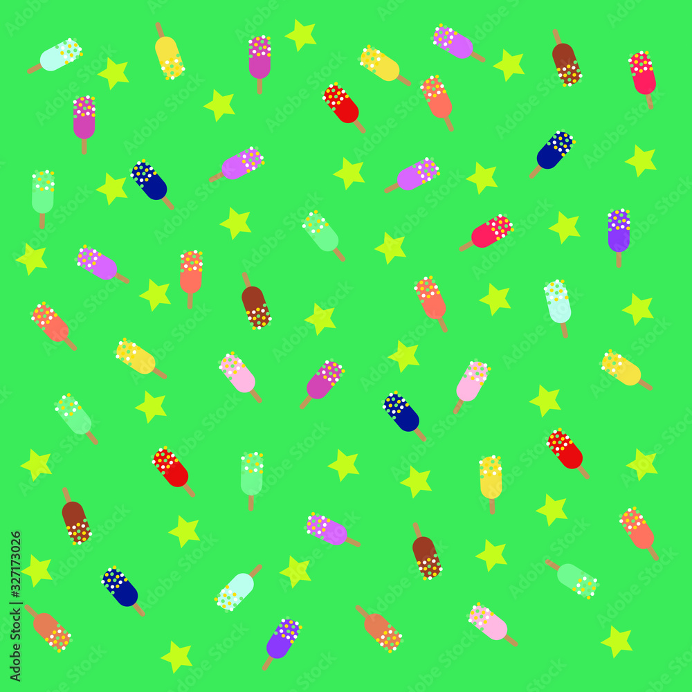Cute ice cream and star pattern with green background. Colorful cartoon with assorted ice cream, memphis style for paper wrapping, print, sticker, wallpaper, Summer Decorative. Flat Vector illustratio Cute ice cream and star pattern with green background. Colorful cartoon with assorted ice cream, memphis style for paper wrapping, print, sticker, wallpaper, Summer Decorative. Flat Vector illustratio