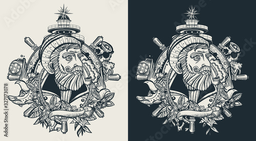 Old captain smokes a pipe. Bearded seaman portrait. Sea wolf, lighthouse, steering wheel. Template for clothes, covers, emblems, stickers, poster and t-shirt design. Typography art